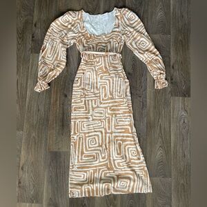 Girl and the Sun Geo Print Puff Sleeve Belted Midi Dress S Linen boho coastal